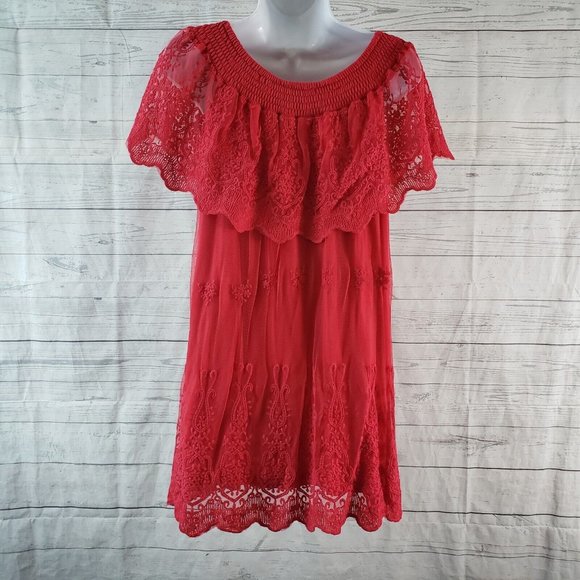 Monoreno Womens Off‎ The Shoulder Top Sz Medium Red Embroidered - Picture 4 of 7